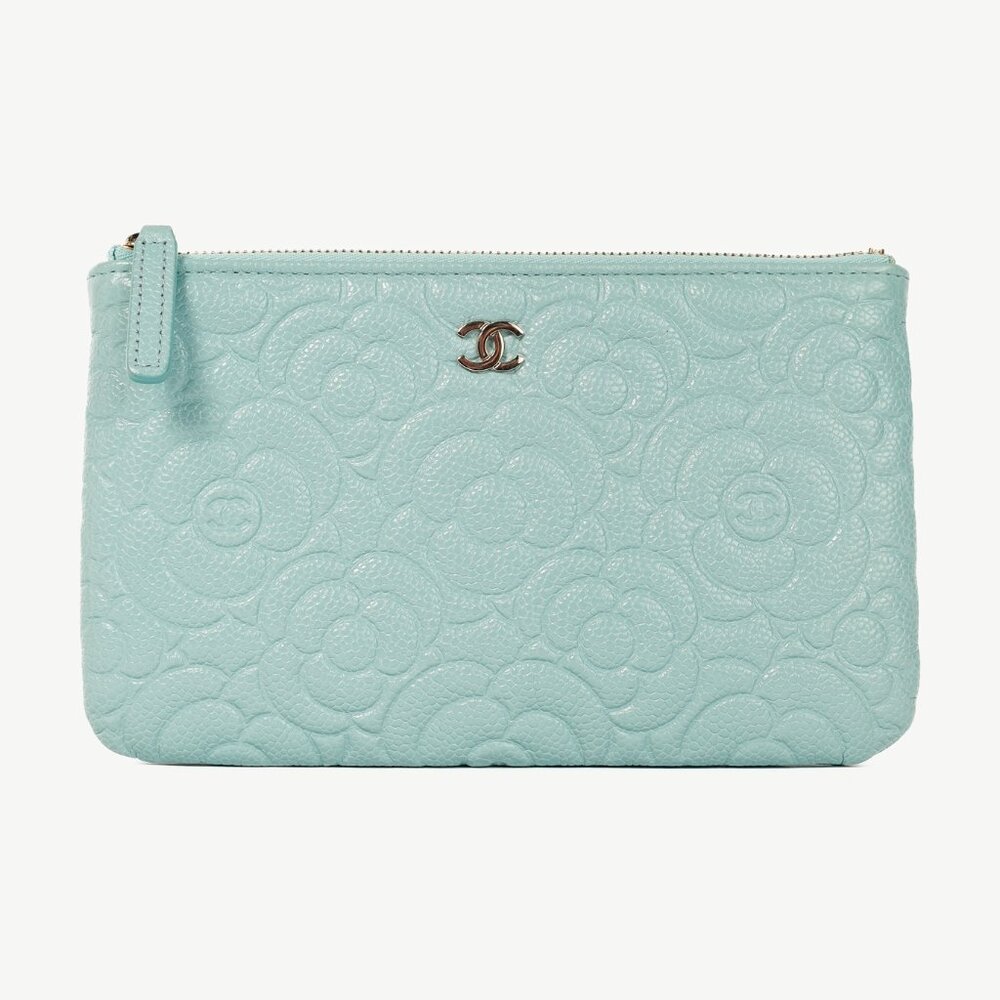 Chanel Light Blue Caviar Camellia-Embossed Small O-Case